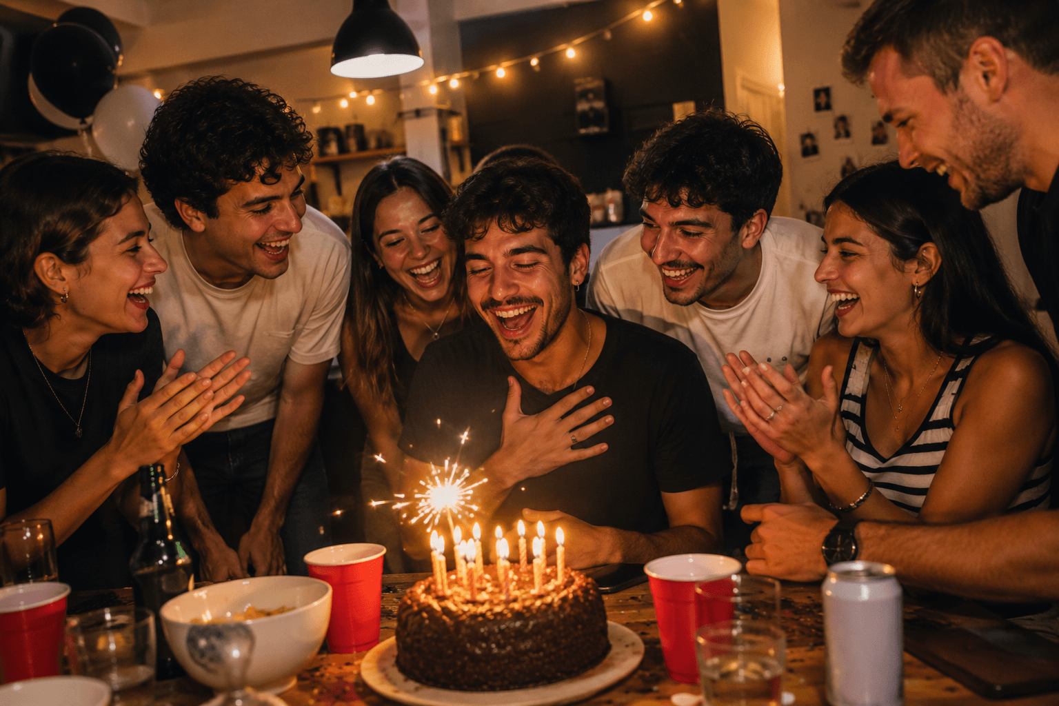 Amigos comemorando aniversário ao redor de um bolo com velas